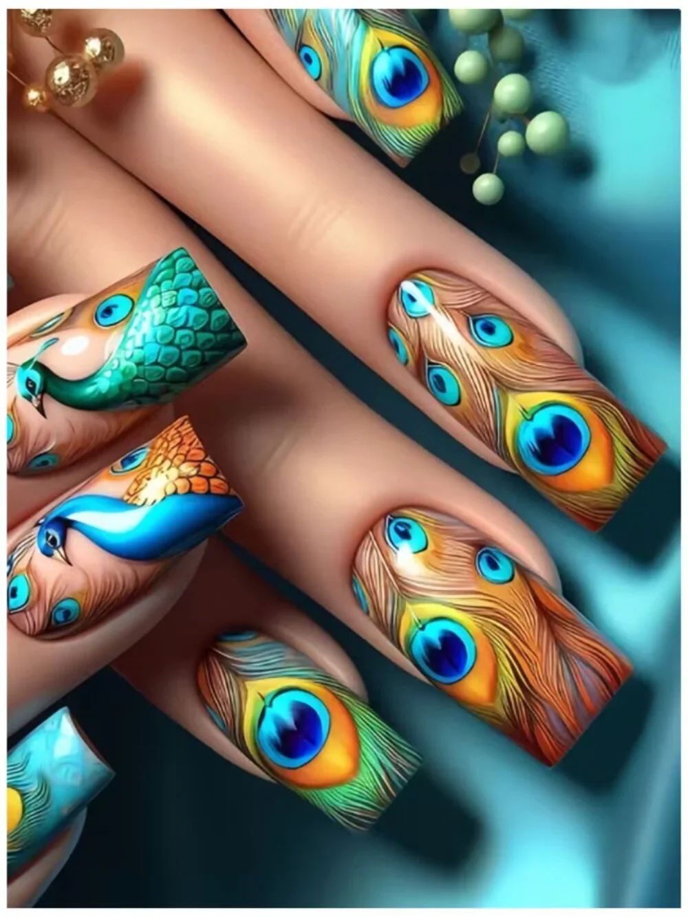 NWT 24pc Peacock Press-On Nails Long Square Blue Green Feather Art Manicure